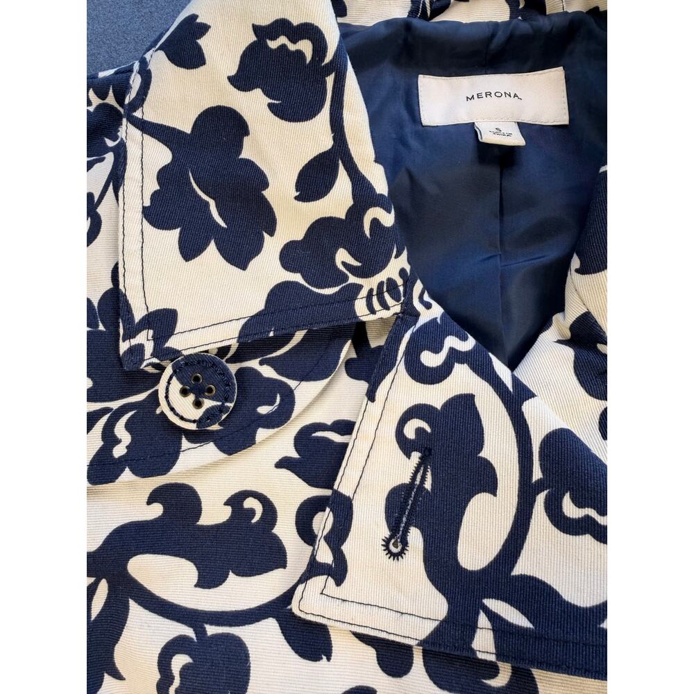Merona Trench Coat/Jacket Blue Floral with Belt/Double Buttons / Women's S - Picture 7 of 11